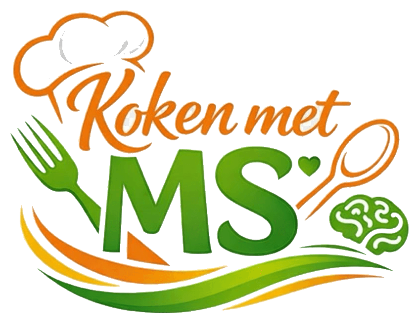 Logo Koken met MS: oranje en groene tekst met koksmuts, vork, lepel en hersen-icoon