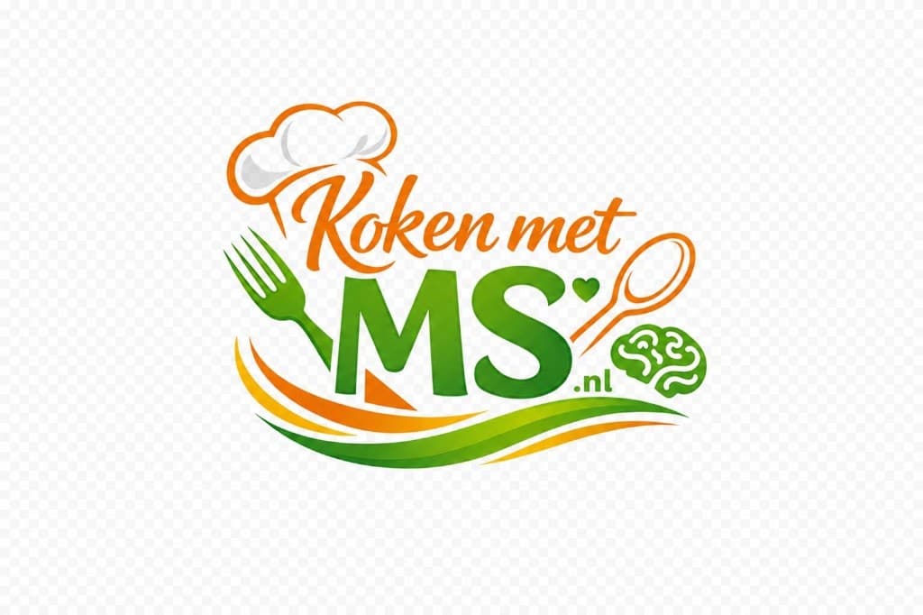 Logo Koken met MS: oranje en groene tekst met koksmuts, vork, lepel en hersen-icoon