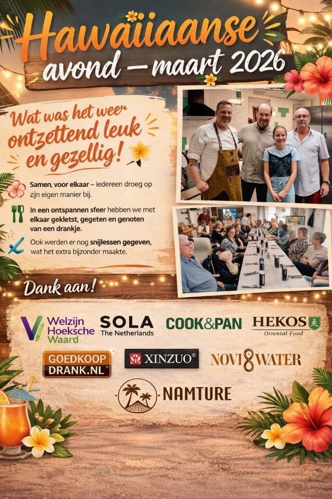 Terugblik Hawaiiaanse avond maart 2026: tropische sfeer, foto's van de avond en partnerlogo's.