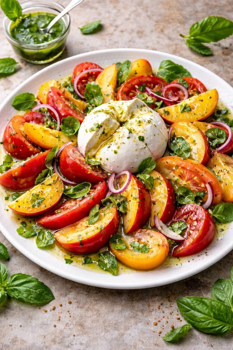 Tomaat–perzik salade met basilicumolie en verse munt