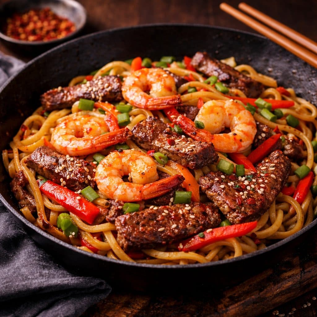 Steak & Shrimp Roerbaknoedels