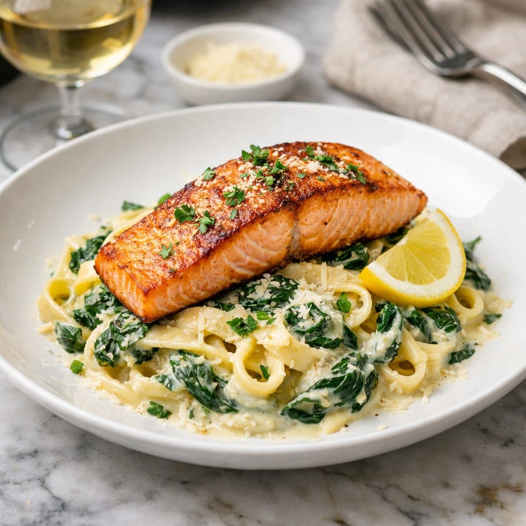 Zalm & Spinazie in Romige Parmezaansaus met Pasta