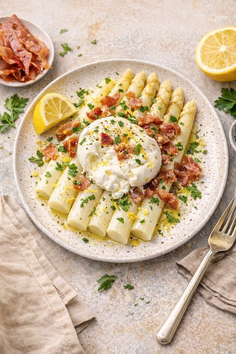 Romige asperges met burrata, citroen & krokante ham