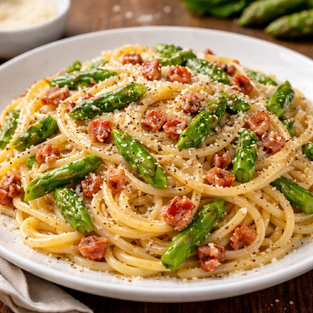 Pasta carbonara met groene asperges