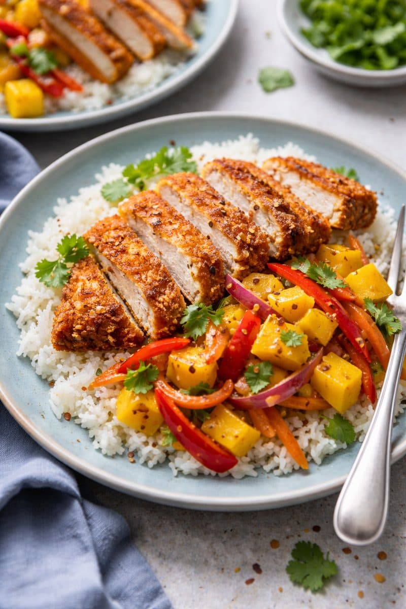 Krokante kip met mango-groenten en rijst