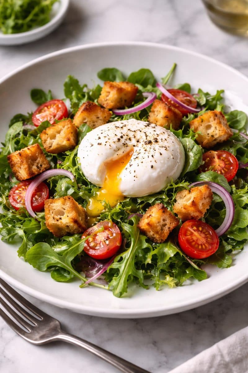 Luxe salade met gepocheerd ei & zelfgemaakte knoflookcroutons