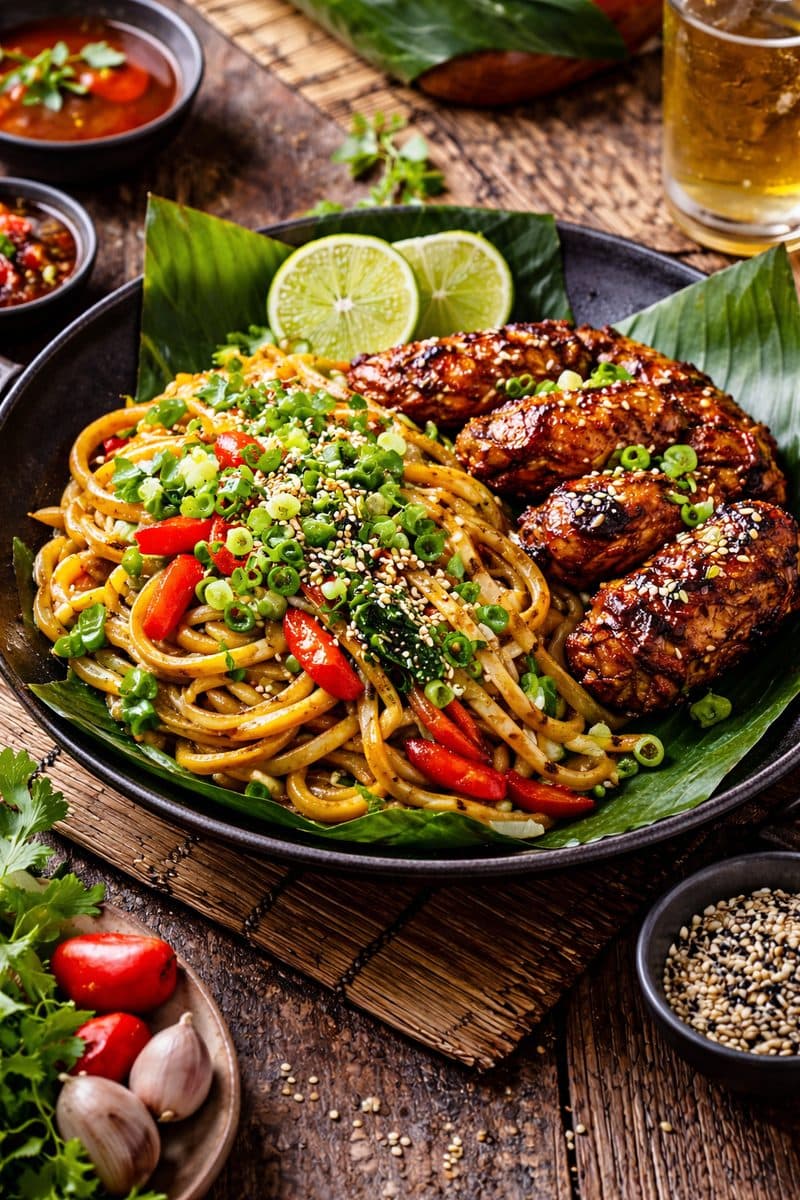 Udon noodles met trassie & oosters gemarineerde kipvleugels