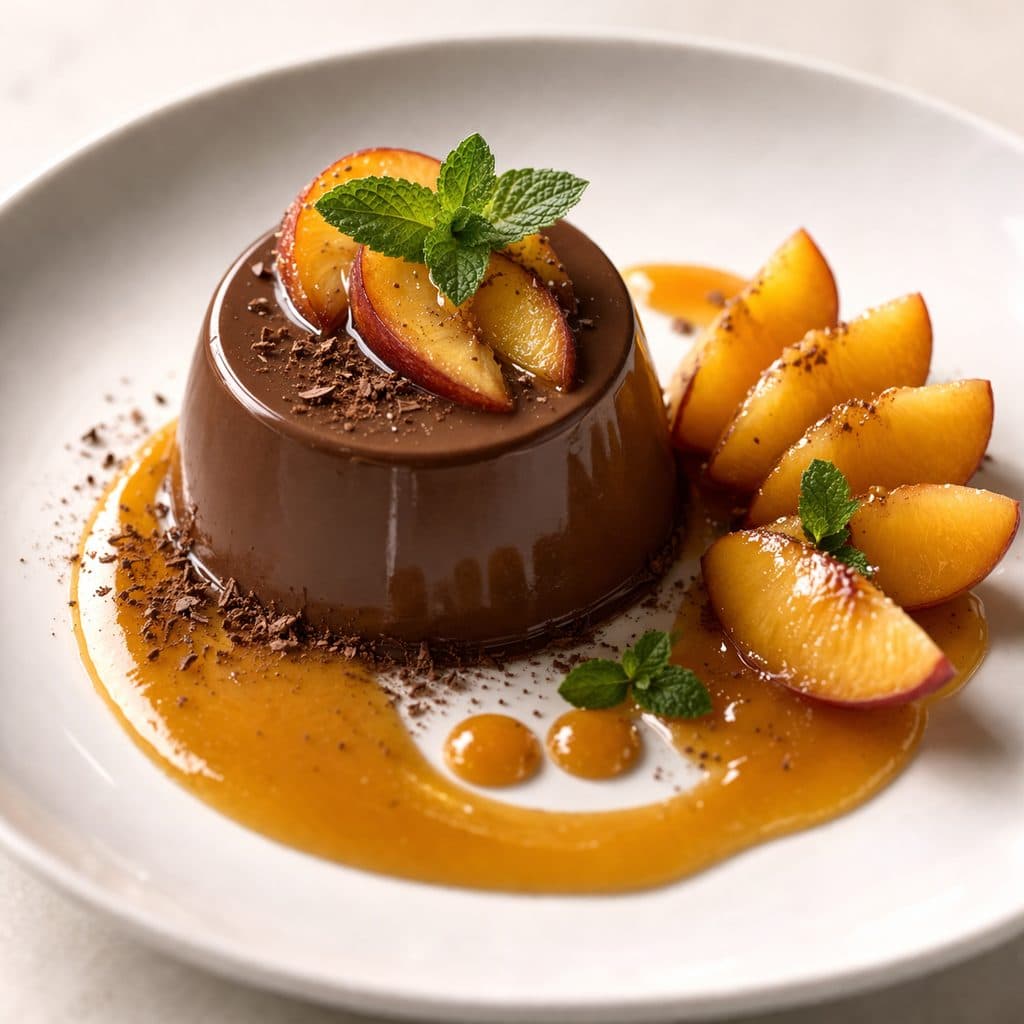 romige chocolade panna cotta met perzik