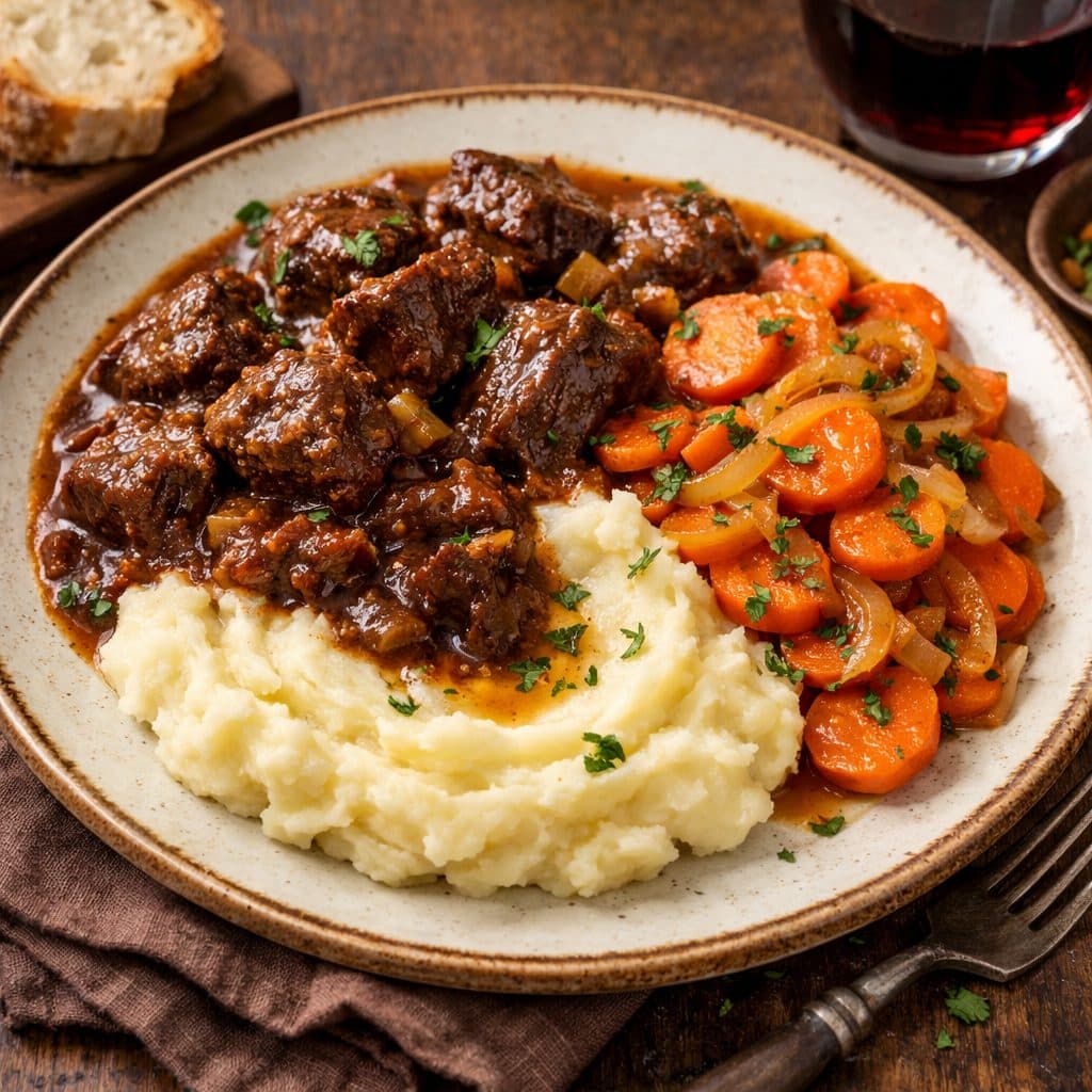 Runderstoof met Aardappelpuree & Wortel-Uienstoof