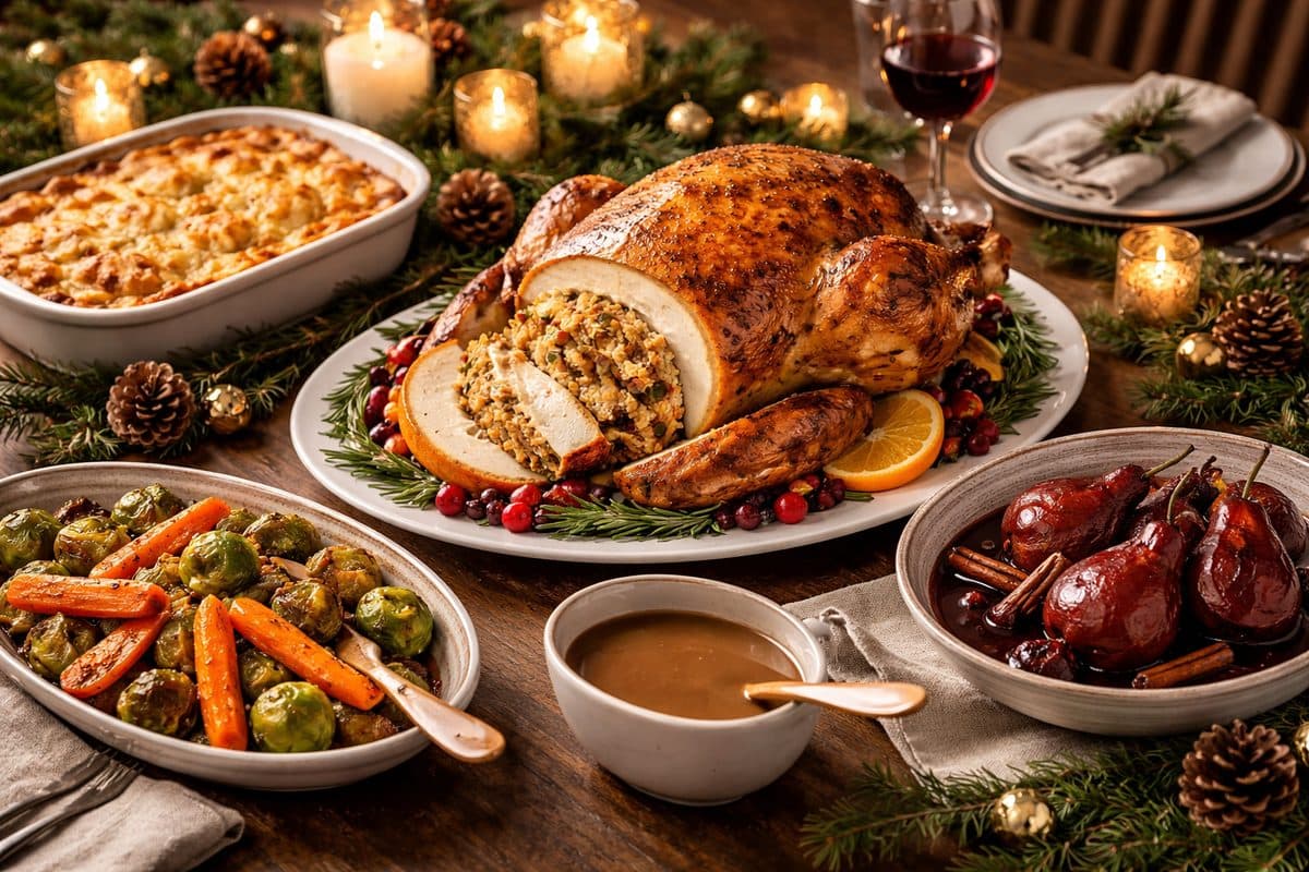 Gevulde kalkoen met stoofperen, kerstgroenten en aardappelgratin
