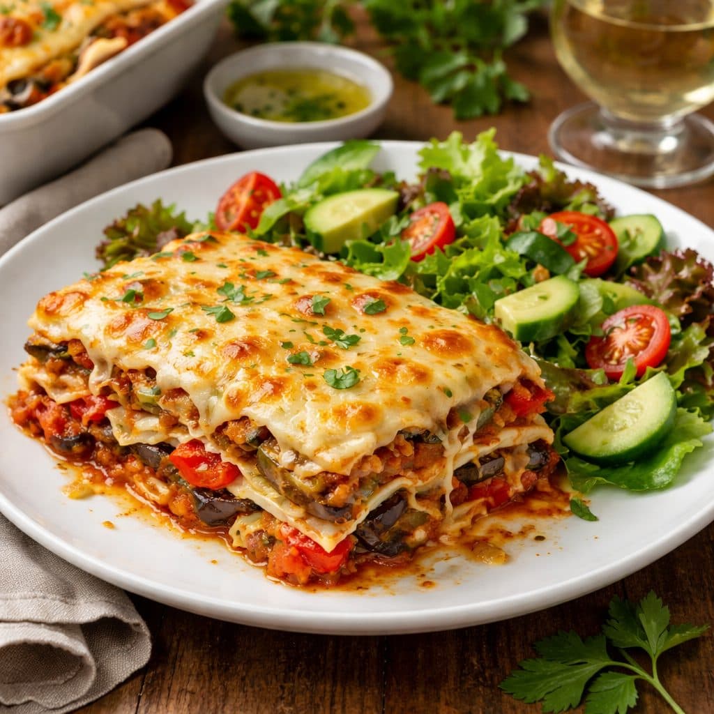 Vegetarische groentelasagne met groene salade