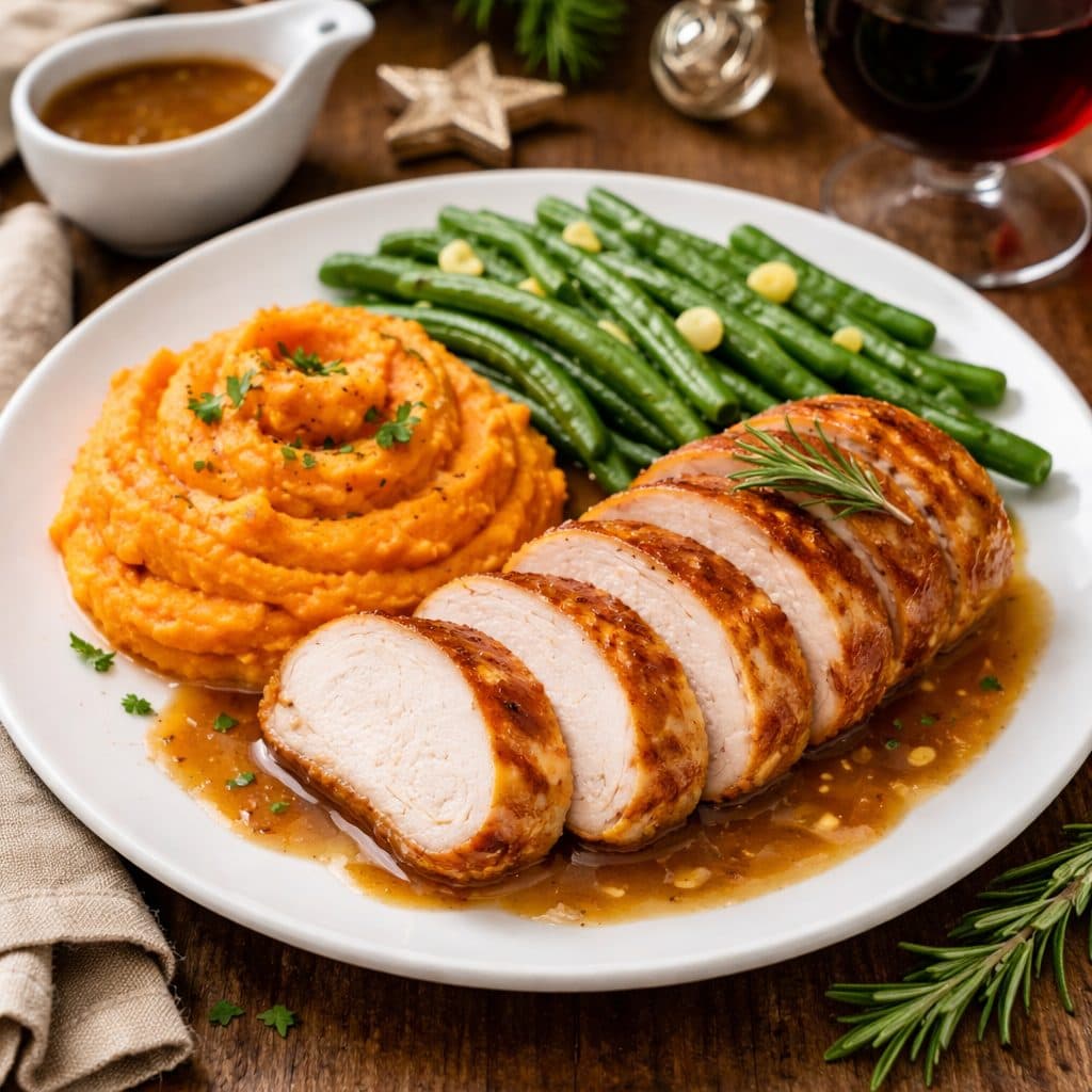 Kalkoenrollade met zoete-aardappelpuree en sperziebonen