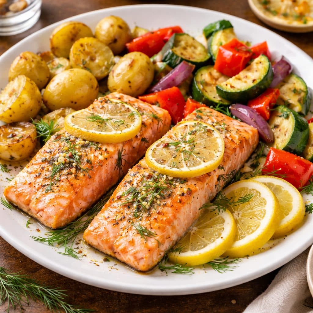 Zalm uit de oven met heerlijke bijgerechten