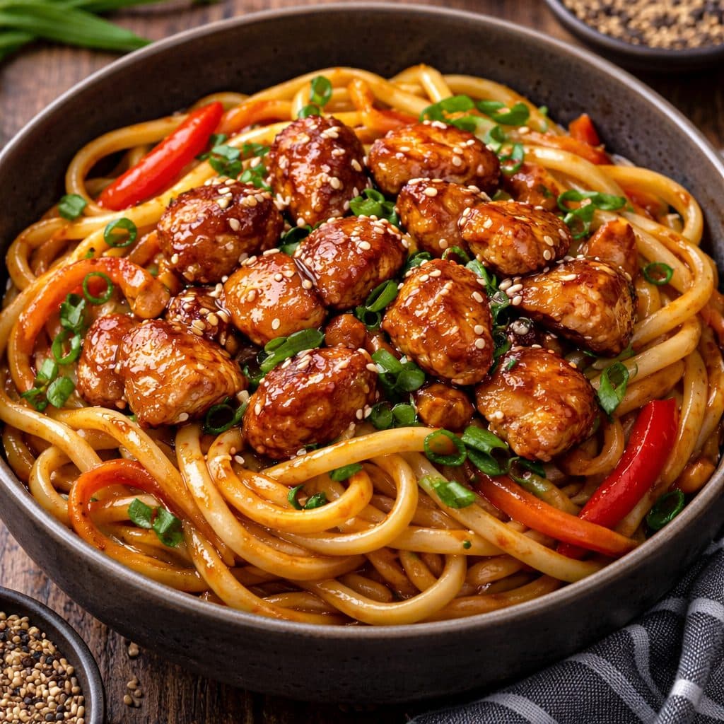 Udon noodles met kip teriyaki