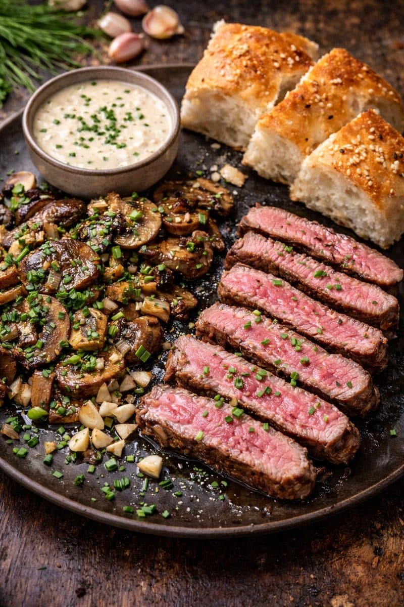 Kalfsvlees met champignons, lente-ui, bieslook en knoflook