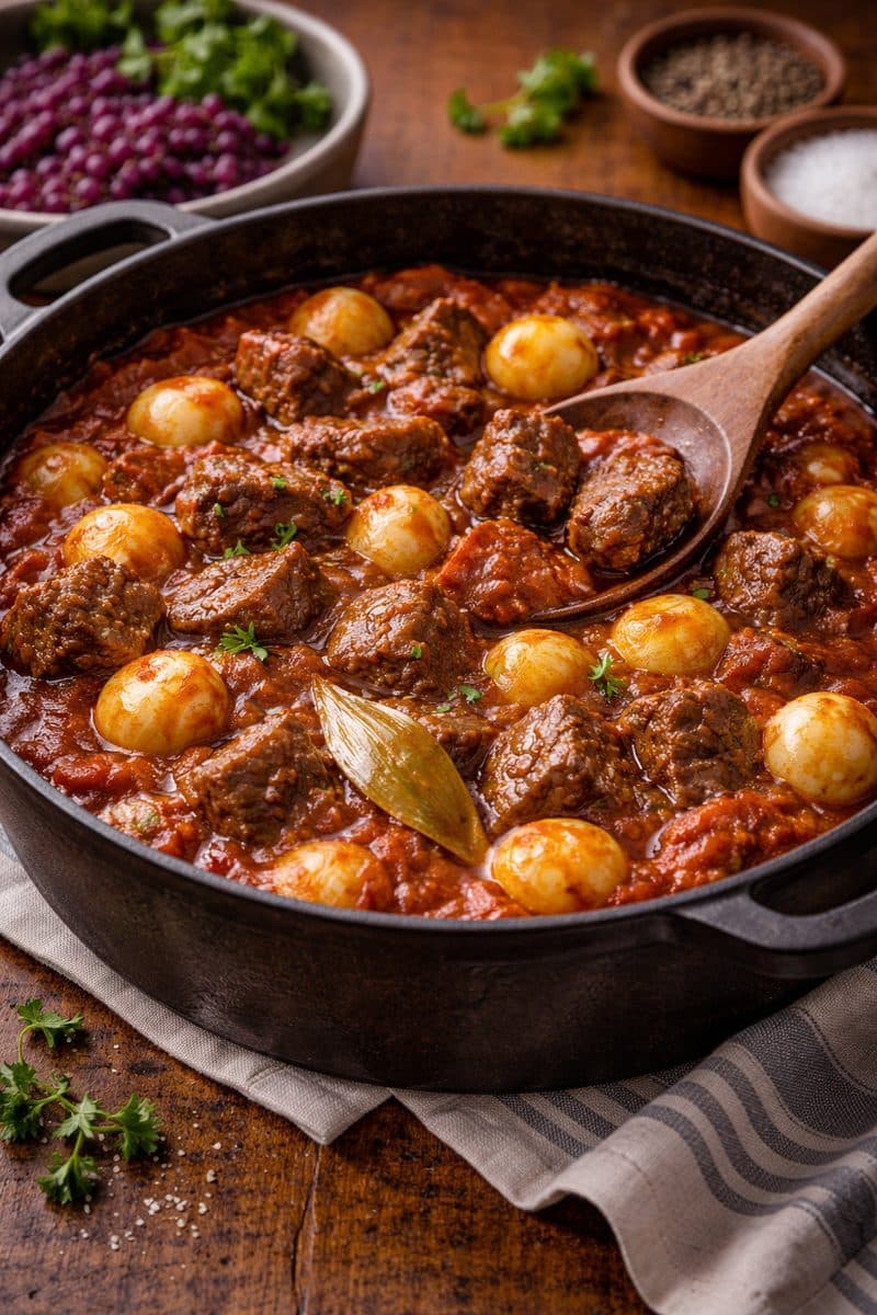 GRIEKSE STOOFPOT (STIFADO MET RUNDVLEES)
