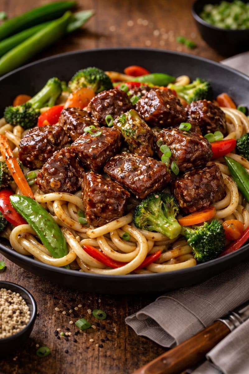 Biefstukpuntjes met zwarte bonen-pepersaus, udon noodles & oosterse groenten