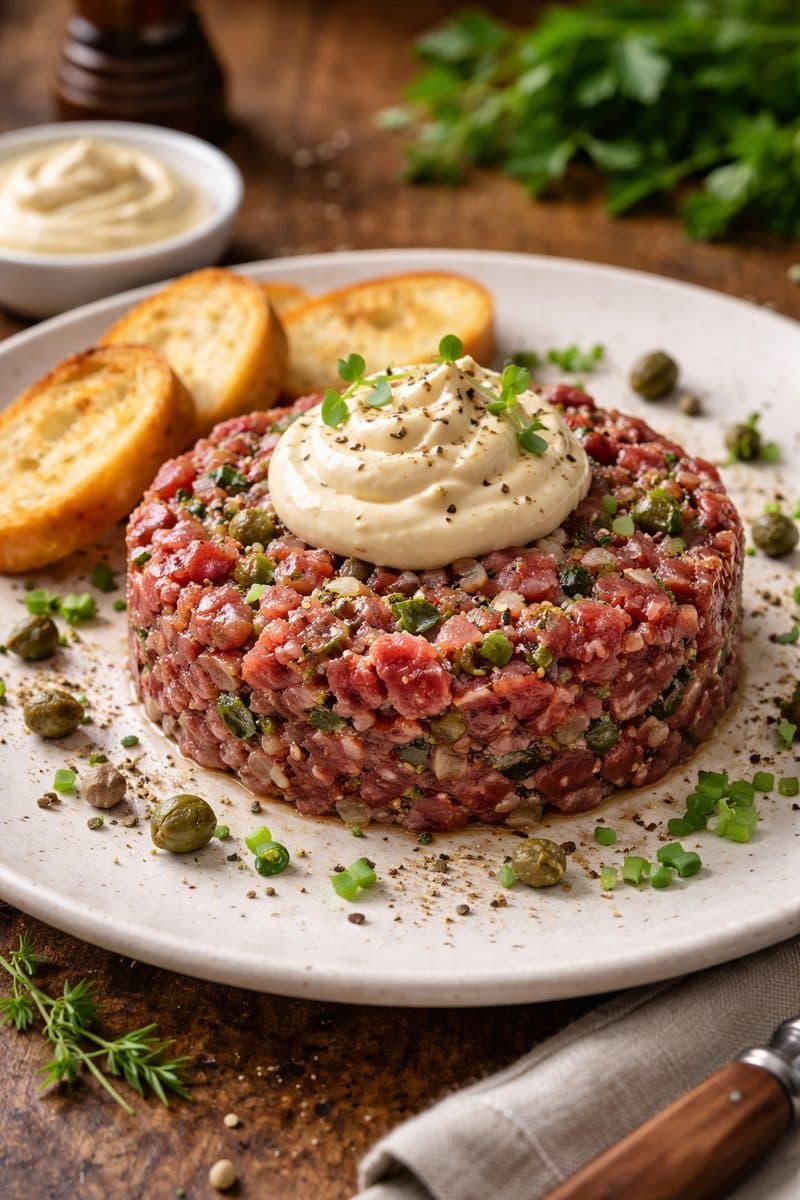 Tartaar van Bavette met Truffelmayonaise, Knoflookcrouton, Rucola en Parmezaan