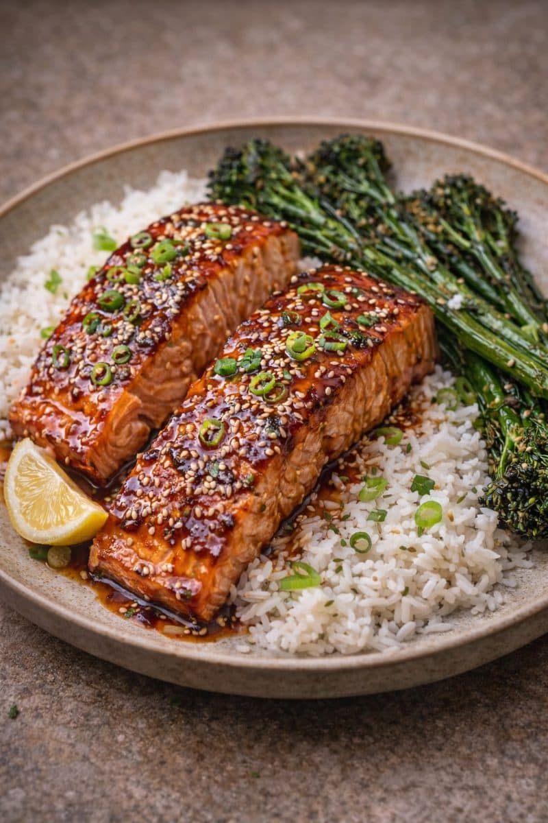 Honing-soja zalm met rijst & geroosterde broccolini