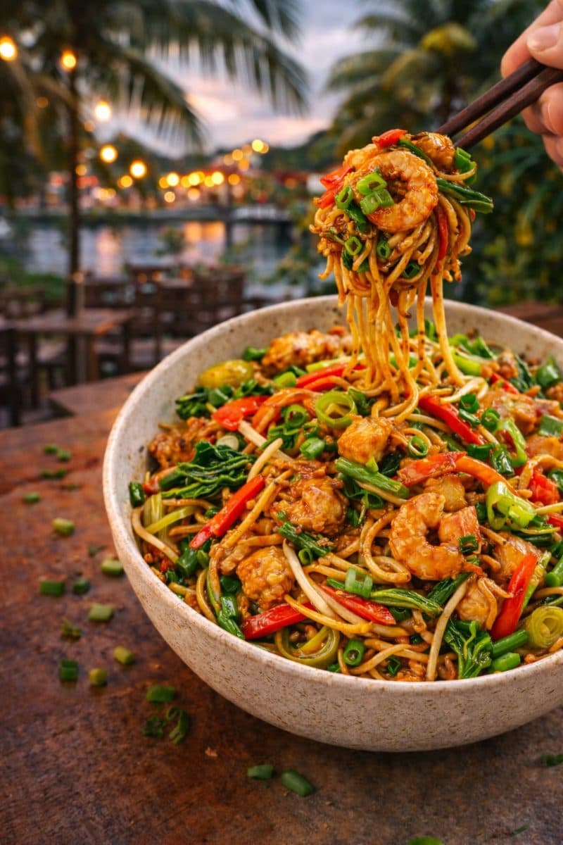 Surinaamse Bami Kip en gambas met veel groenten