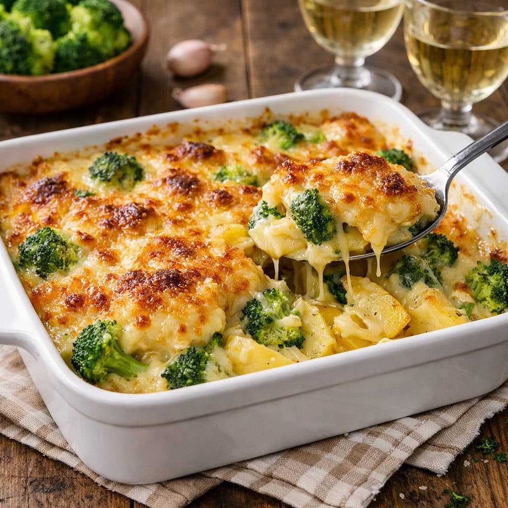 Gegratineerde broccoli-aardappel ovenschotel