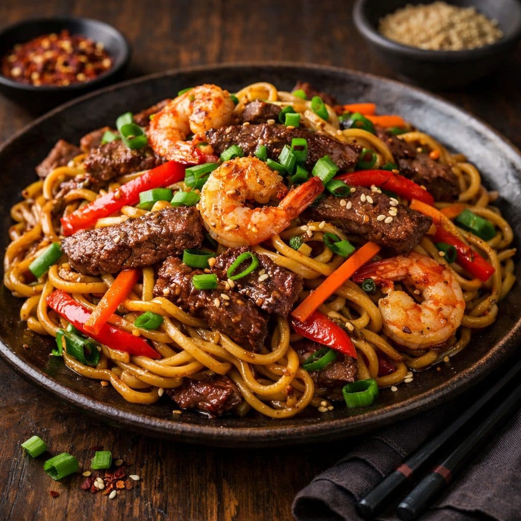 Steak & Shrimp Stir-Fried Noodles — A Savory, Satisfying Fusion Dish