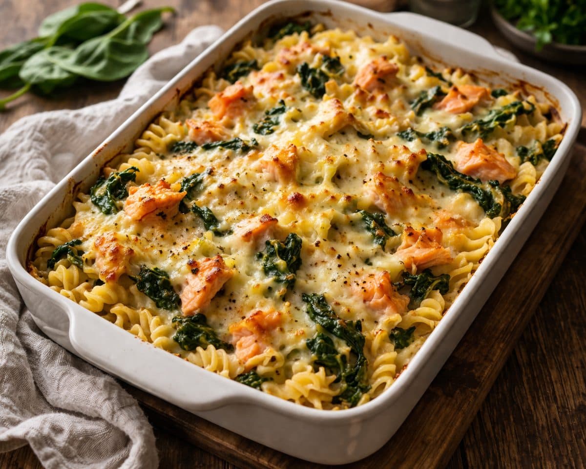Pastaschotel met spinazie en zalm