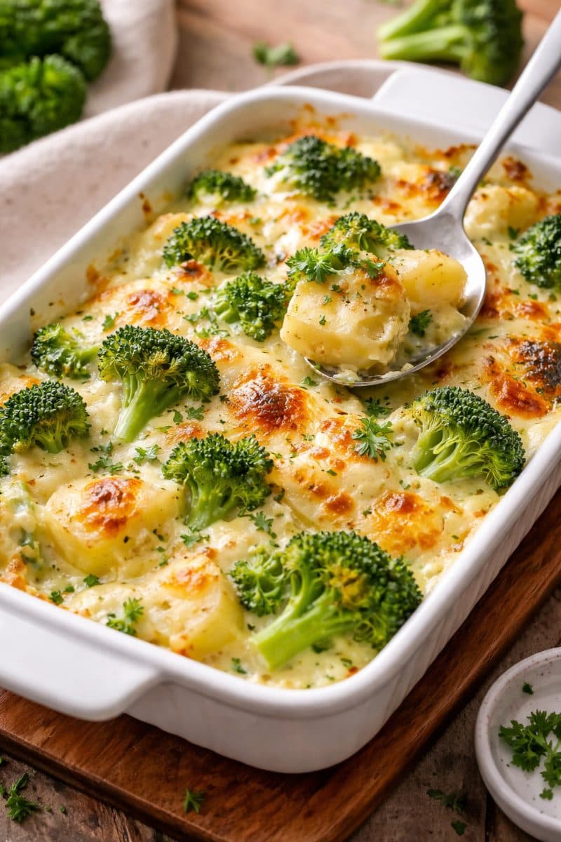 Gegratineerde broccoli-aardappel ovenschotel