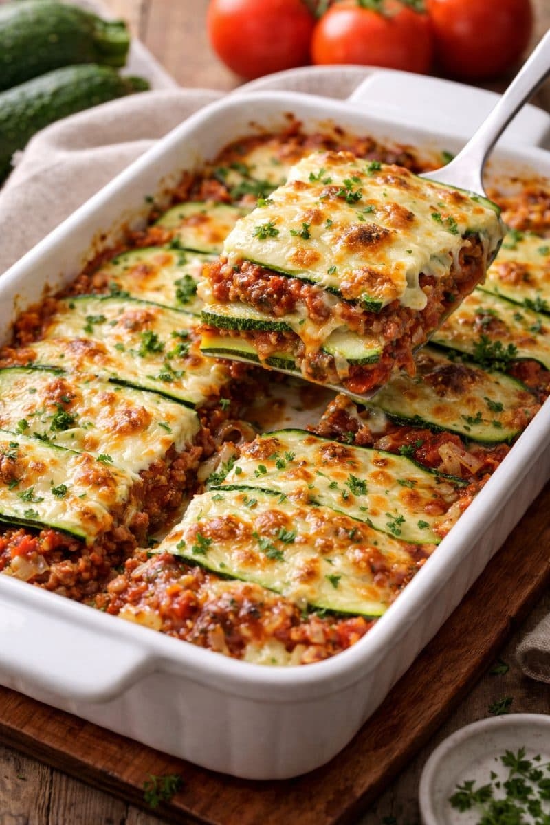 Courgette lasagne met gehakt en tomatensaus