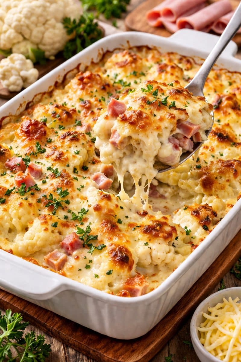 Bloemkool ovenschotel met kaassaus en ham