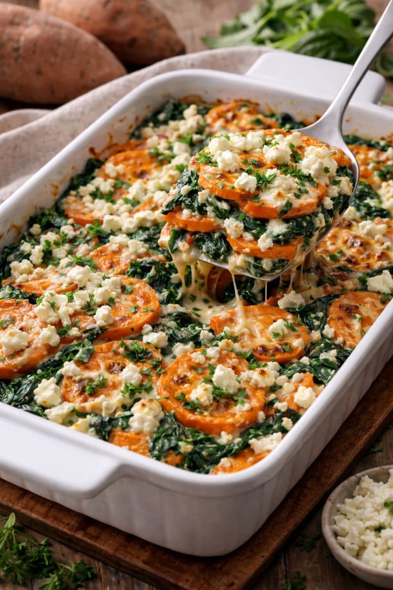 Zoete aardappel ovenschotel met spinazie en feta