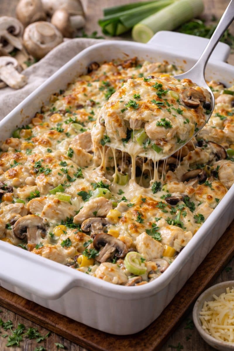 Kip-ovenschotel met prei, champignons en roomsaus