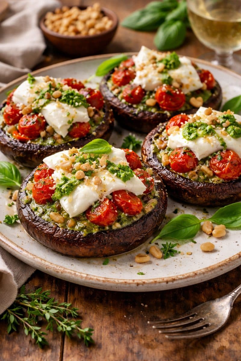 Gevulde portobello’s met burrata, geroosterde tomaat & pesto