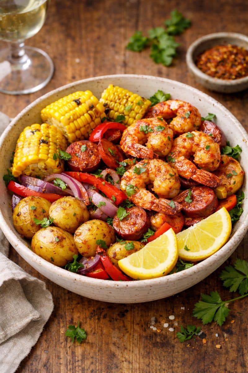 Rijk gevulde Cajun Garnalen Bowl met Maïs en Krieltjes