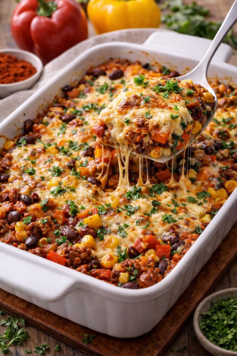 Mexicaanse ovenschotel met paprika, bonen en maïs