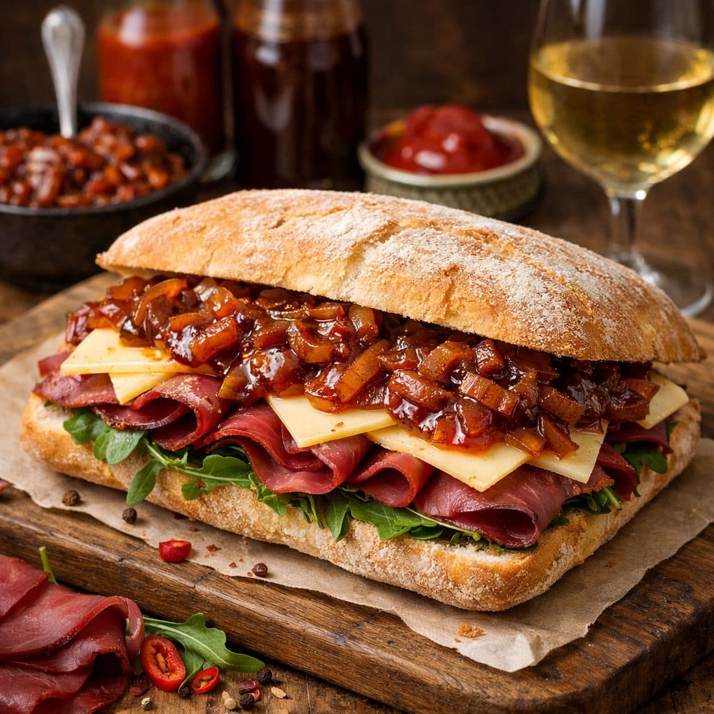 Ciabatta met runderrookvlees, oude kaas en pittige uiencompote
