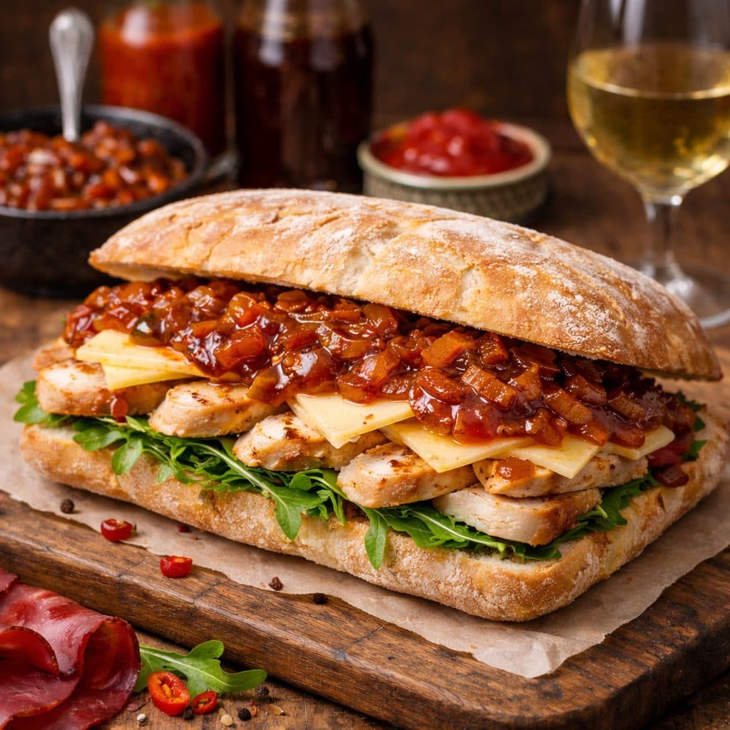 Ciabatta met kipfilet (of kalkoen), oude kaas en pittige uiencompote