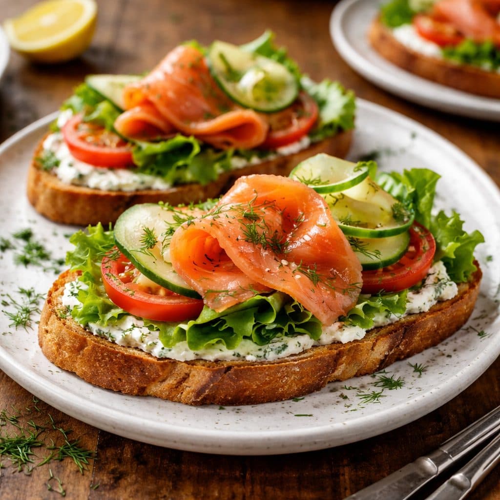 Toast met zalm, roomkaas, sla, tomaat & komkommer