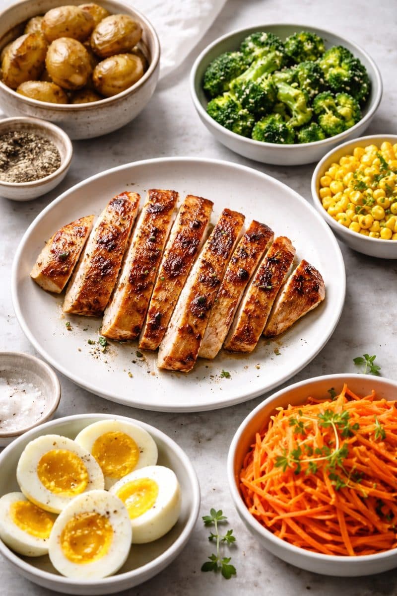 Gegrilde kipfilet met groenten, krieltjes en zachtgekookt ei