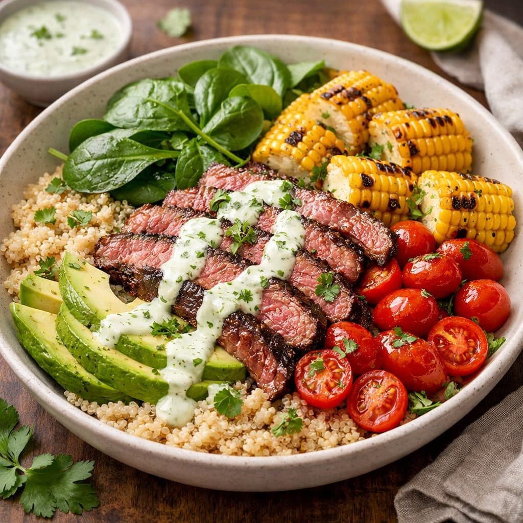 Steakbowl met avocado, geroosterde maïs en korianderroomsaus