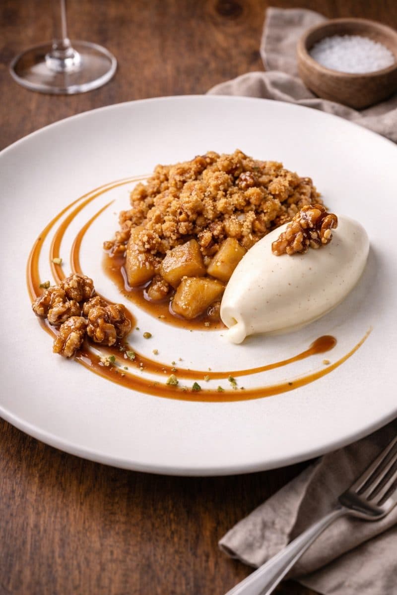 Warme appelcrumble met vanillecrème en gekarameliseerde walnoten