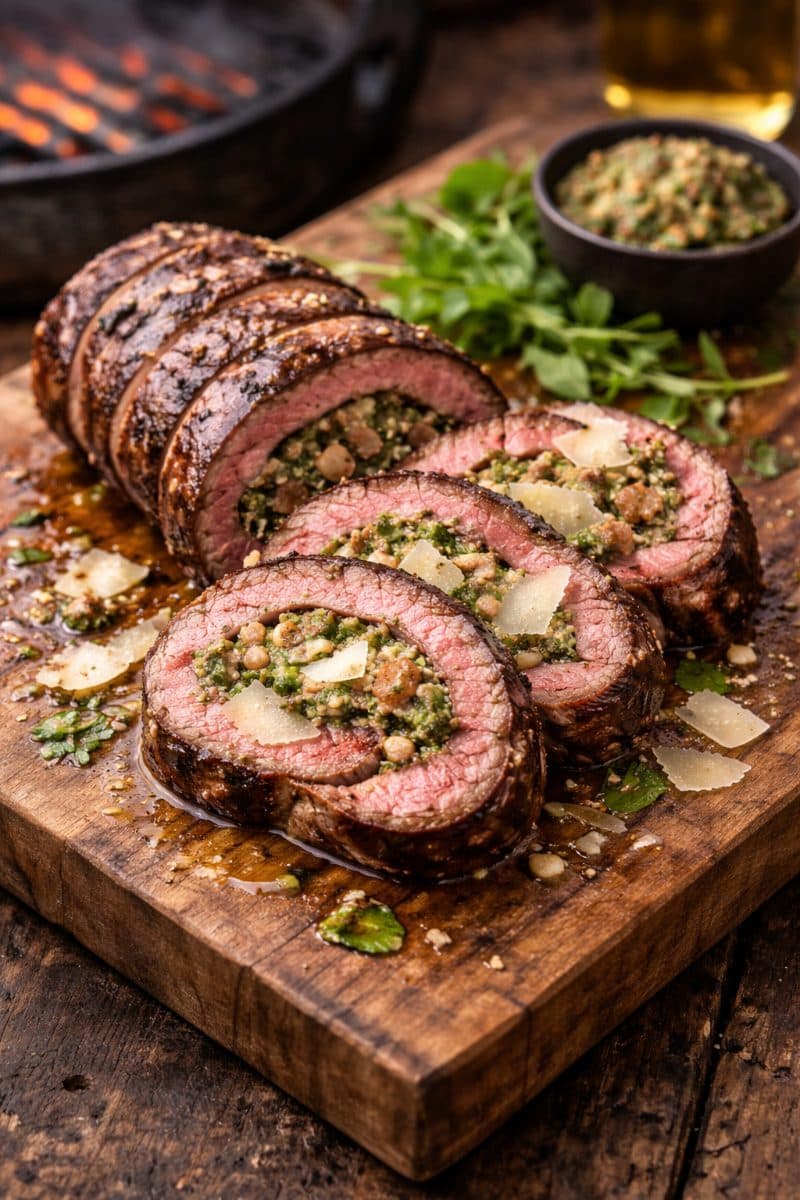 Bavette roulade met Iberico ham pesto en Parmezaan (BBQ)