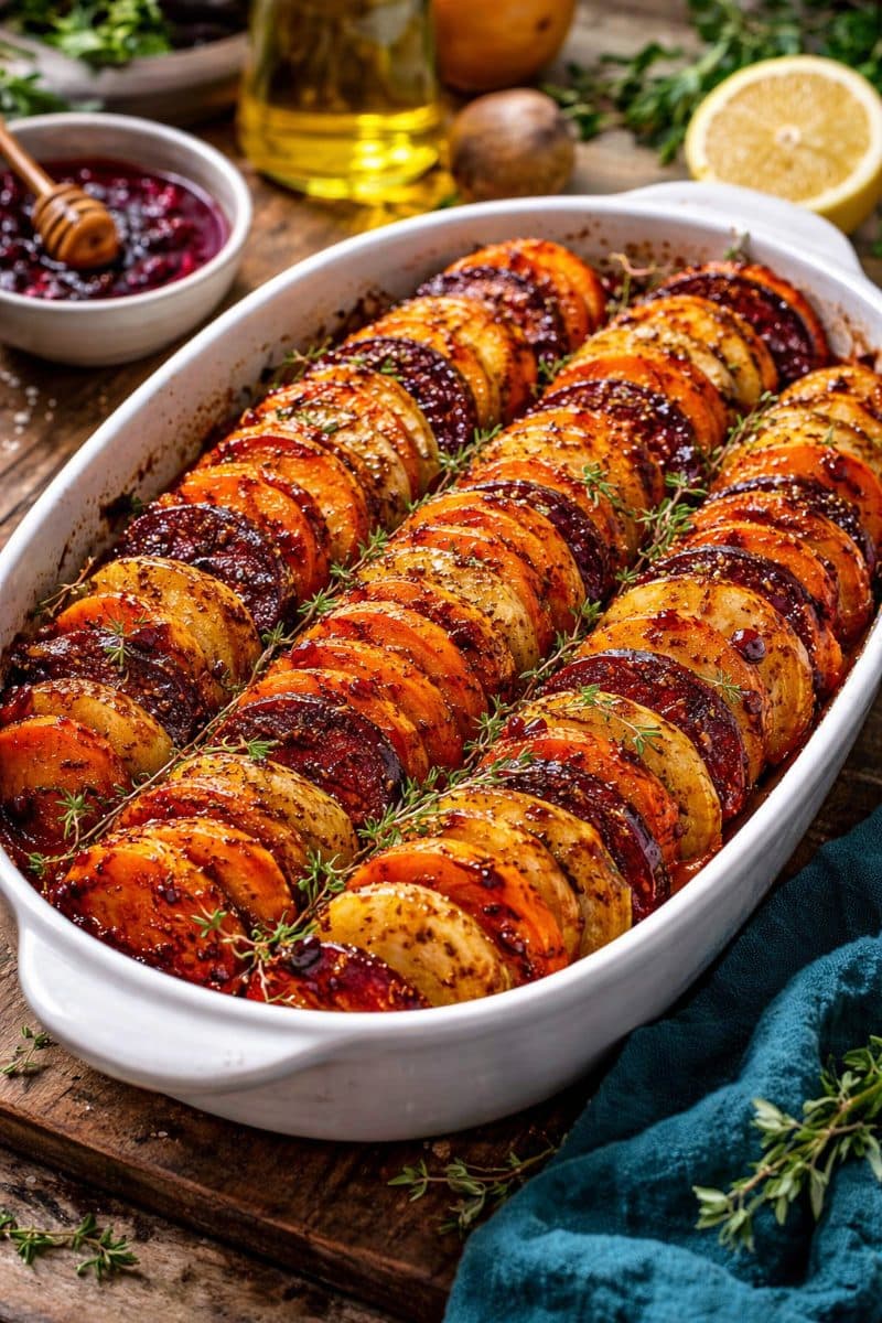 Gelaagde ovenschotel van zoete aardappel, pompoen & wortel met cranberry-honingglazuur
