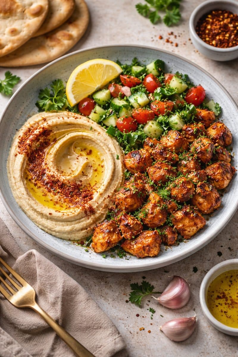 Pittige Knoflook Kip Bowl met Hummus & Komkommersalade