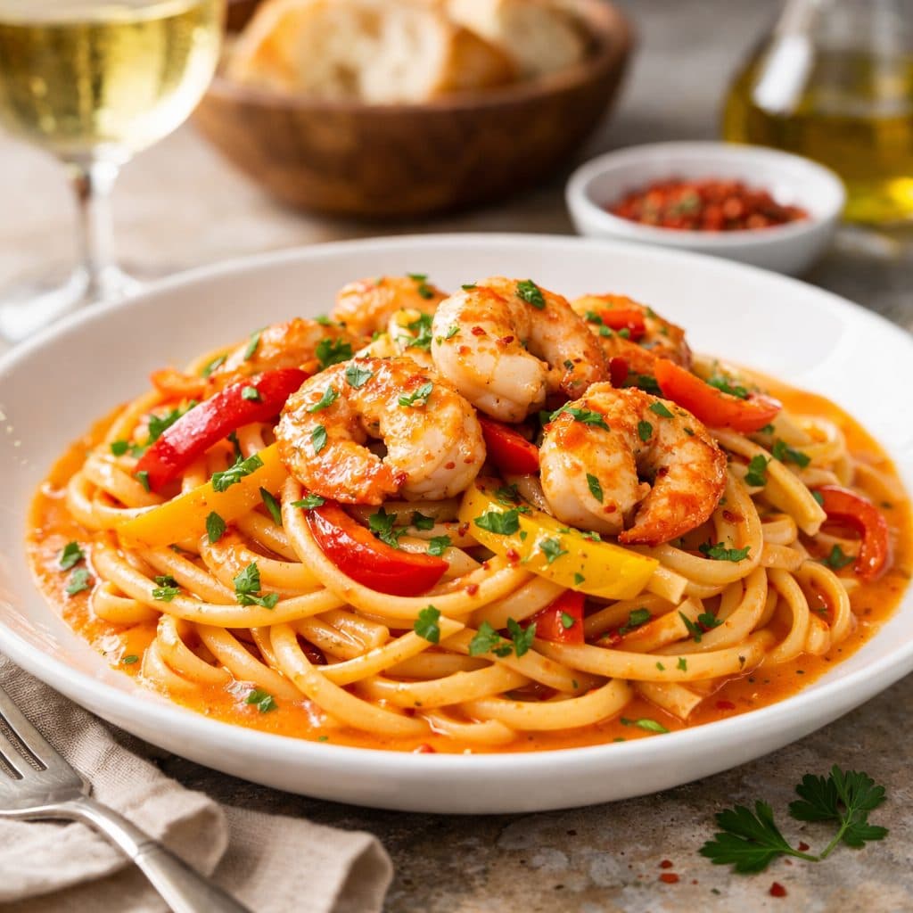 Linguine met scampi, look en paprikasaus