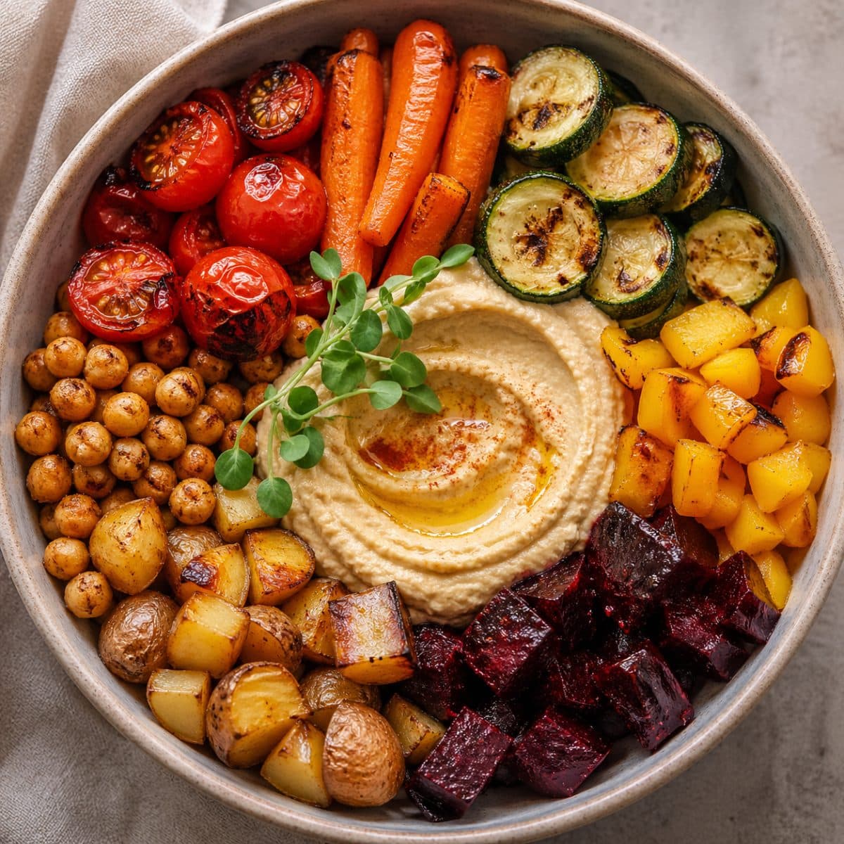 Geroosterde Groentebowl met Romige Hummus en Kruidige Kikkererwten