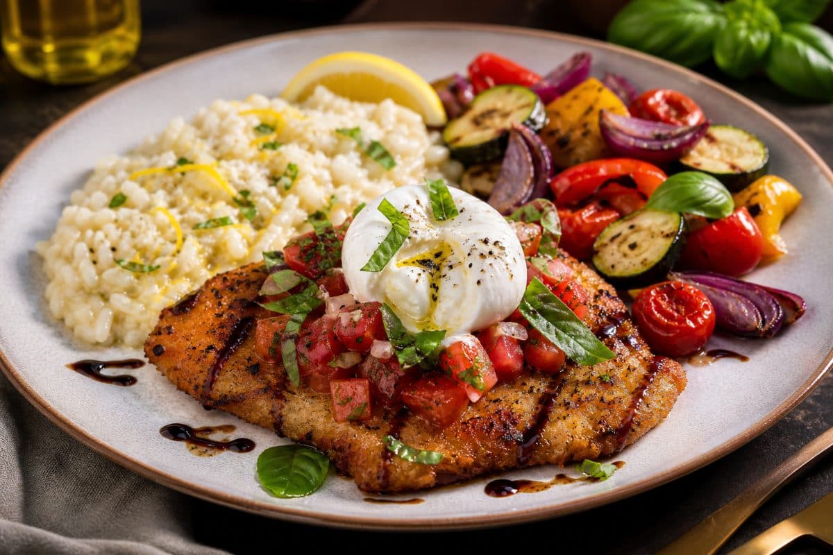 Italiaanse kipfilet met basilicum, tomaat, burrata, citroenrisotto en geroosterde groenten