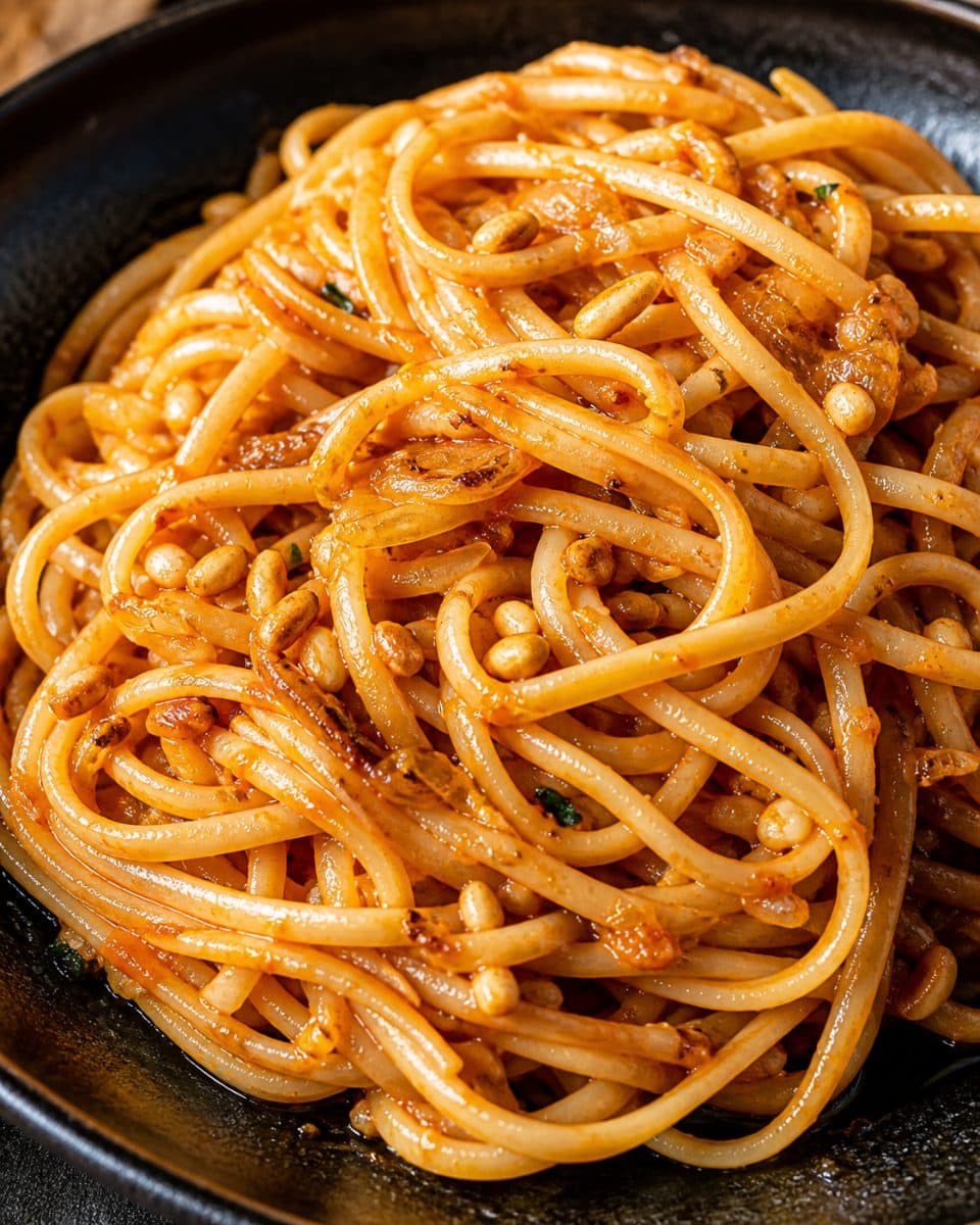 Linguini met uien, knoflook, olijfolie, pijnboompitten en vegan rode pesto