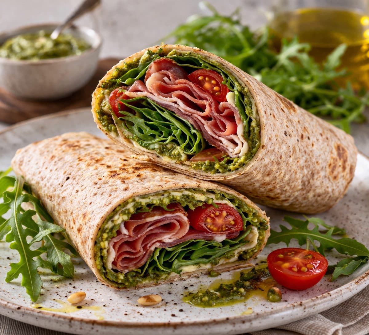 Volkoren wrap met Schwarzwalder ham, rucola & pesto