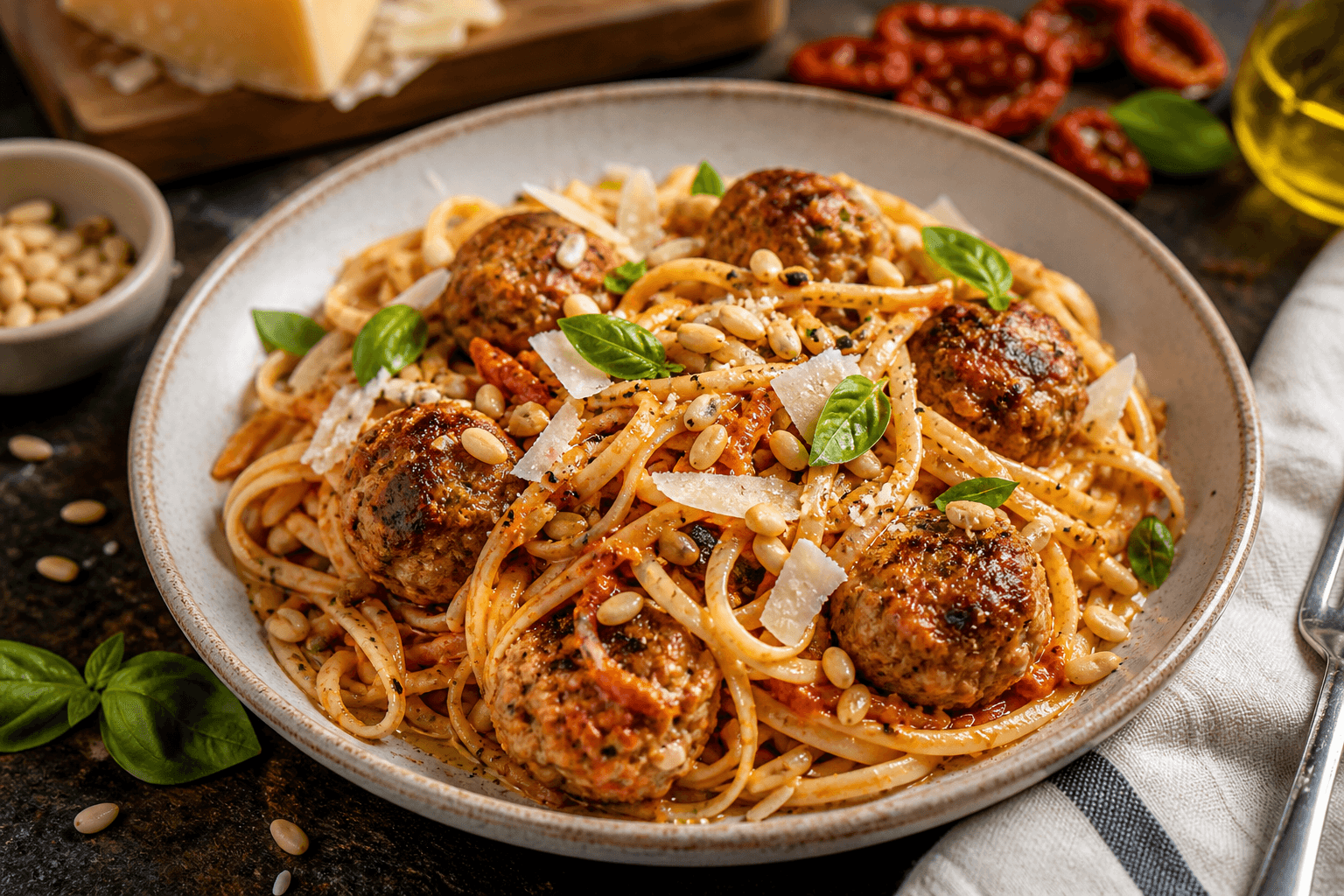 Linguini met knoflook-rode pesto, pijnboompitten en polpette: